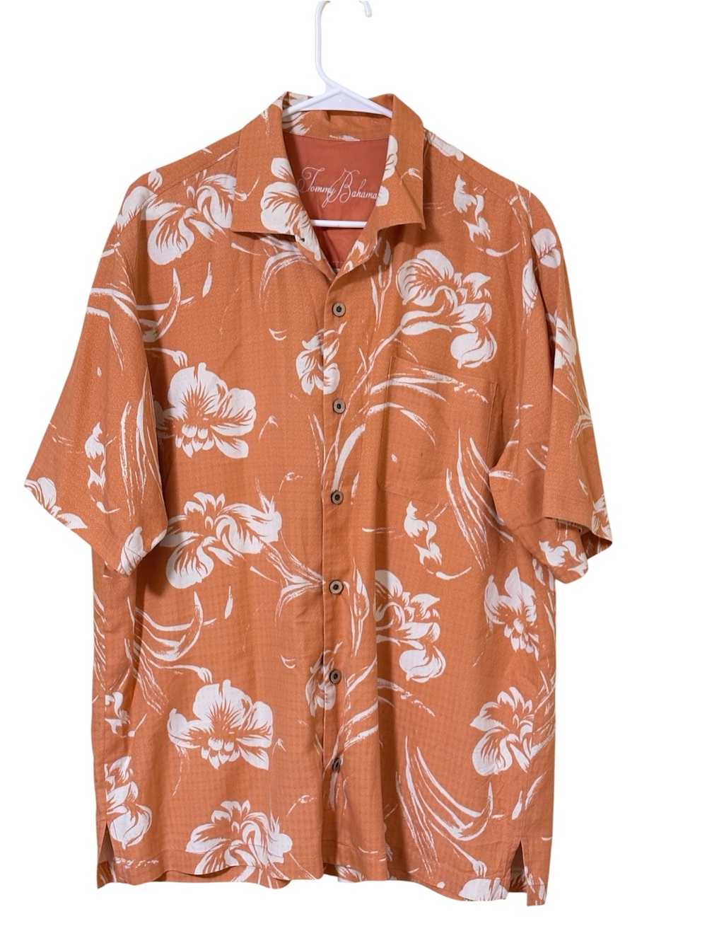 Tommy Bahama 100% Silk Aloha Camp Shirt Floral Orange Men L Short sleeve